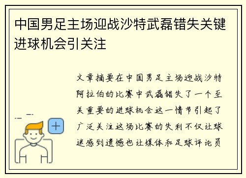 中国男足主场迎战沙特武磊错失关键进球机会引关注