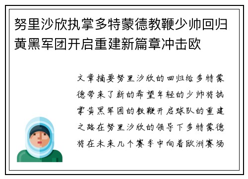 努里沙欣执掌多特蒙德教鞭少帅回归黄黑军团开启重建新篇章冲击欧
