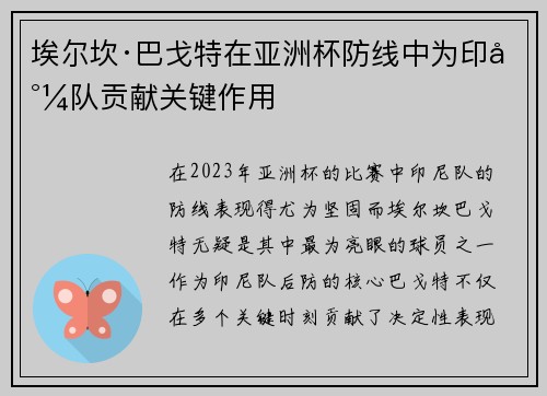 埃尔坎·巴戈特在亚洲杯防线中为印尼队贡献关键作用