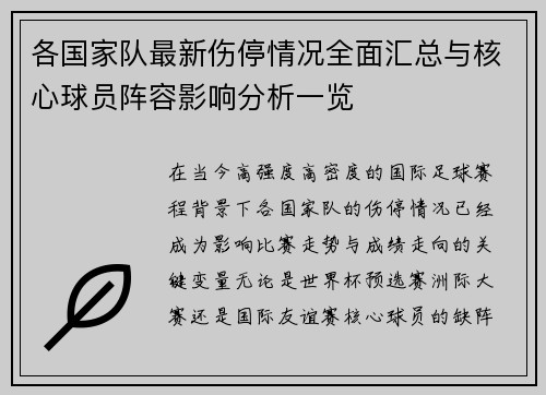 各国家队最新伤停情况全面汇总与核心球员阵容影响分析一览